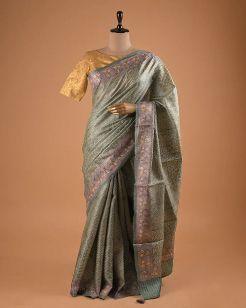 Sage Green Woven Designer Saree with Silver Border