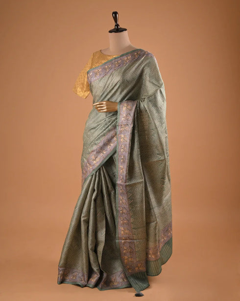 Sage Green Woven Designer Saree with Silver Border
