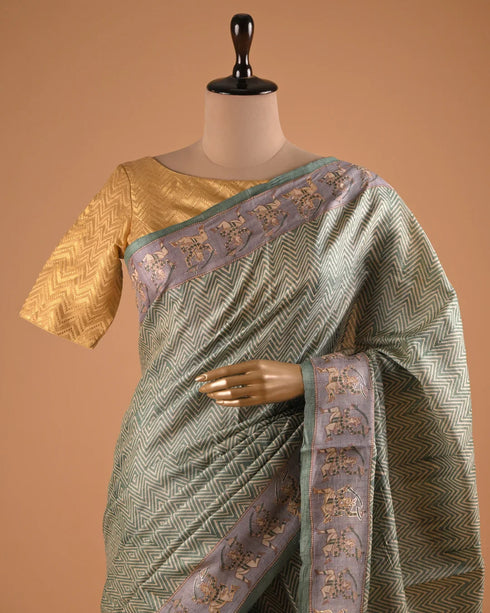 Sage Green Woven Designer Saree with Silver Border