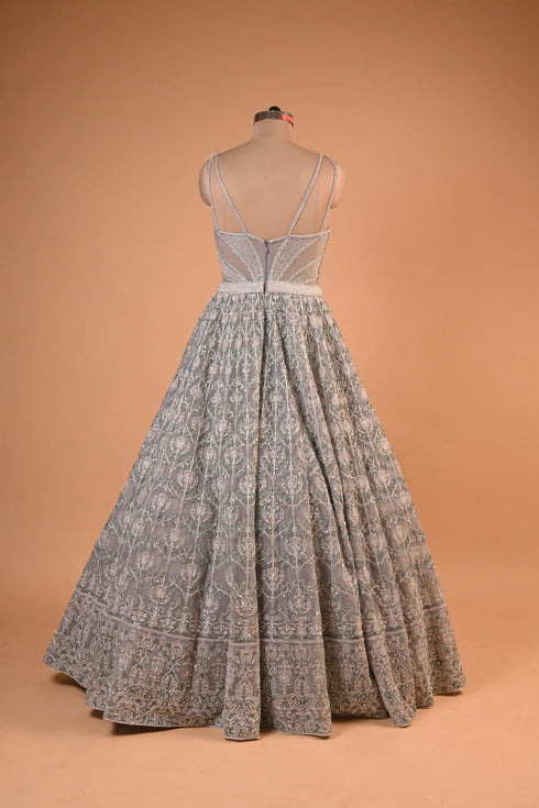 Silver Grey Feather Detail Embroidered Designer Gown