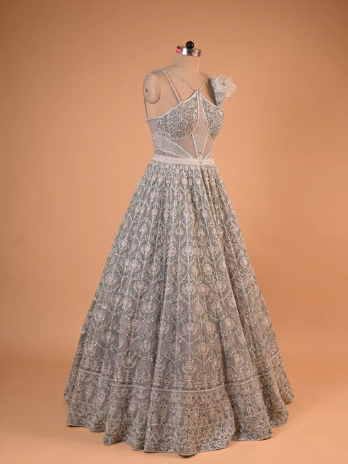 Silver Grey Feather Detail Embroidered Designer Gown