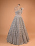 Silver Grey Feather Detail Embroidered Designer Gown