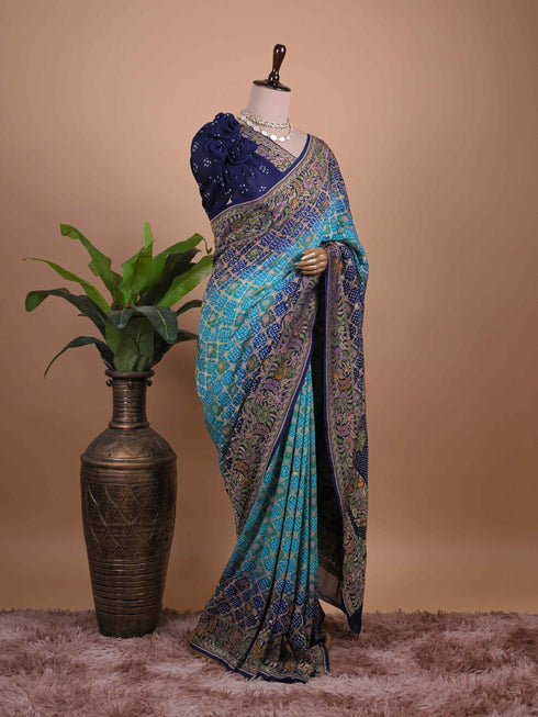 Teal Blue Bandhani Printed Saree with Navy Floral Woven Border – Festive Wear