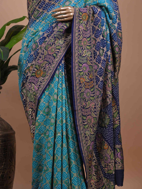 Teal Blue Bandhani Printed Saree with Navy Floral Woven Border – Festive Wear