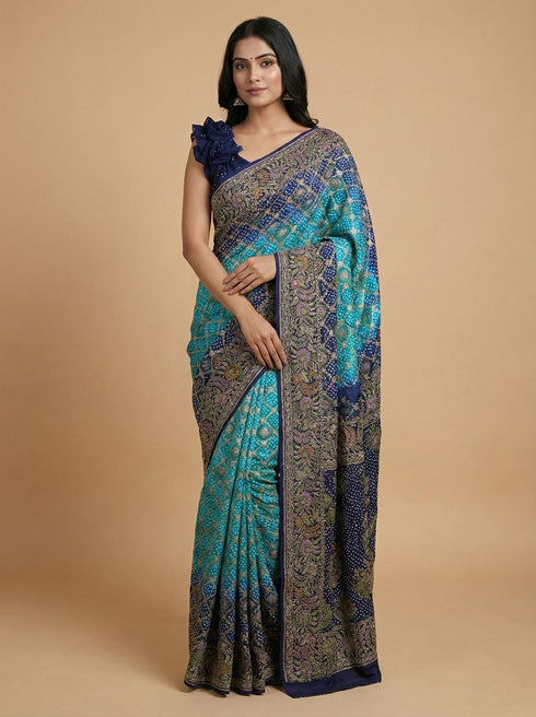 Teal Blue Bandhani Printed Saree with Navy Floral Woven Border – Festive Wear