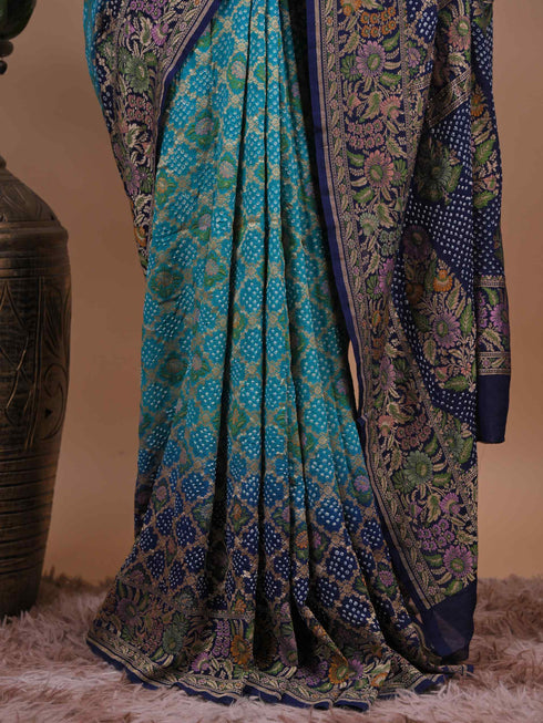 Teal Blue Bandhani Printed Saree with Navy Floral Woven Border – Festive Wear