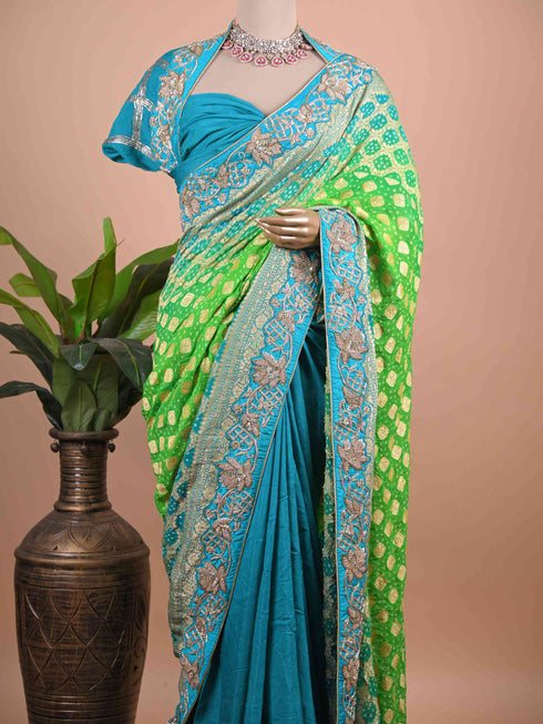 Teal Blue & Parrot Green Banarasi Style Woven Saree with Gold Zari Border