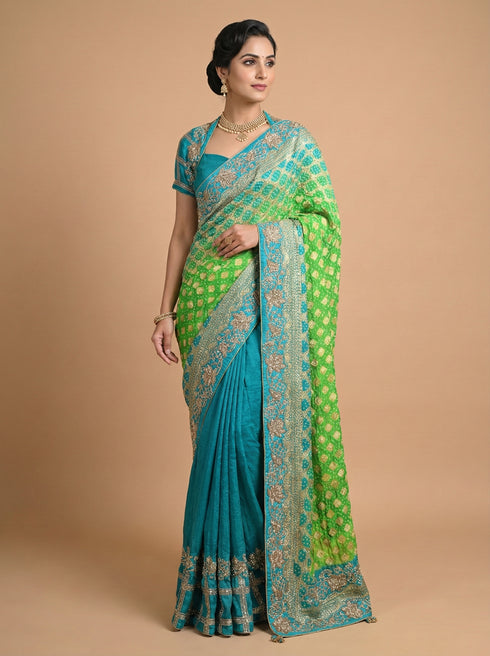 Teal Blue & Parrot Green Banarasi Style Woven Saree with Gold Zari Border