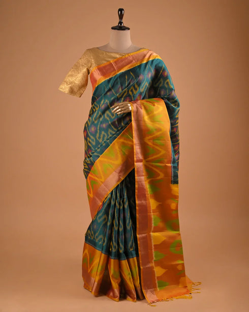 Teal Green Ikat Designer Saree with Multicolor Pallu