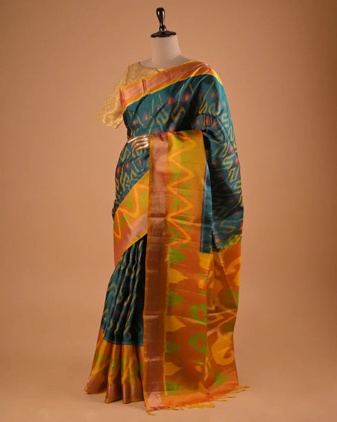 Teal Green Ikat Designer Saree with Multicolor Pallu