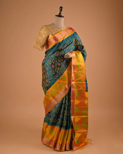 Teal Green Ikat Designer Saree with Multicolor Pallu