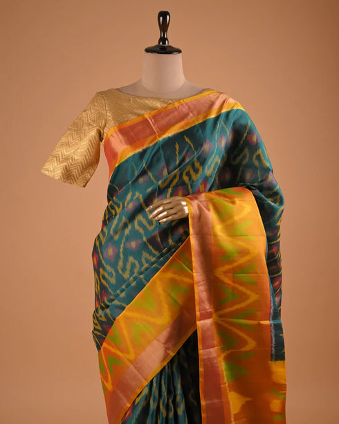 Teal Green Ikat Designer Saree with Multicolor Pallu