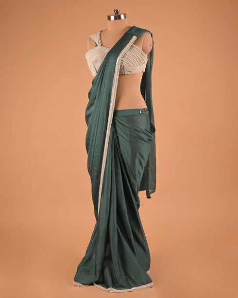 Teal Green Minimal Designer Saree with Embellished Blouse