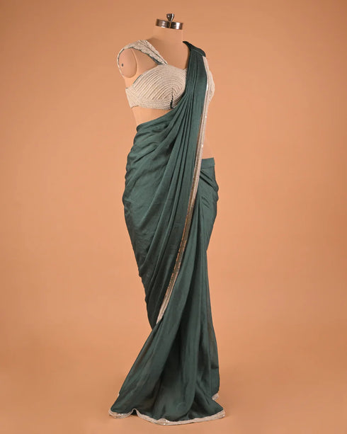 Teal Green Minimal Designer Saree with Embellished Blouse