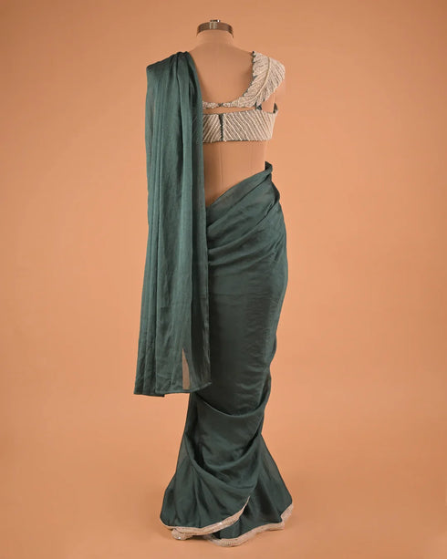 Teal Green Minimal Designer Saree with Embellished Blouse