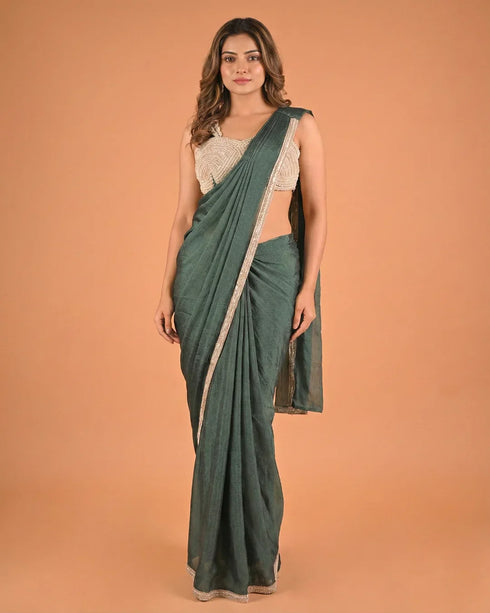 Teal Green Minimal Designer Saree with Embellished Blouse