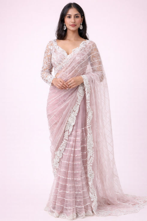 Blush Lavender Designer Net Saree with Heavy Embroidery & Statement Blouse
