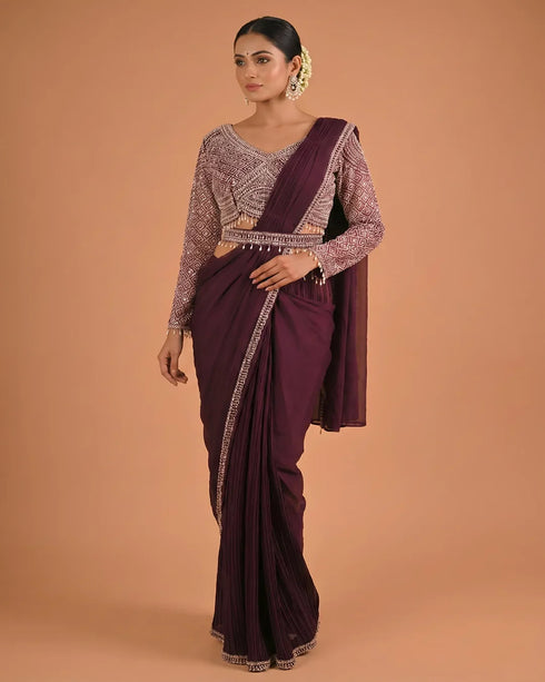 Wine Embellished Designer Saree with Full Sleeve Blouse