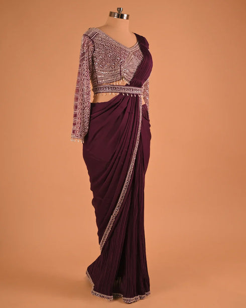 Wine Embellished Designer Saree with Full Sleeve Blouse