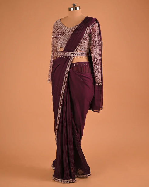 Wine Embellished Designer Saree with Full Sleeve Blouse