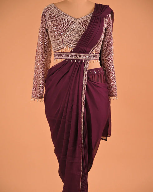 Wine Embellished Designer Saree with Full Sleeve Blouse
