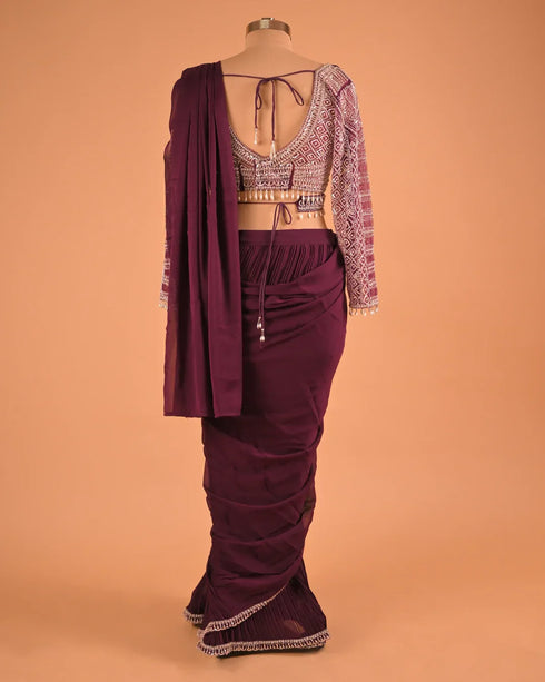 Wine Embellished Designer Saree with Full Sleeve Blouse