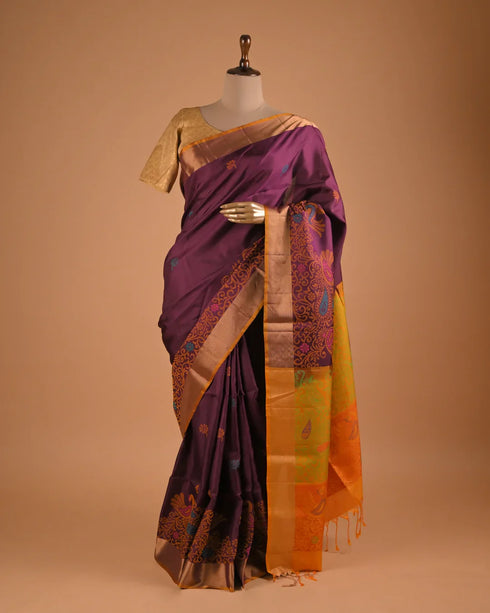 Wine Purple Designer Saree with Multicolor Woven Pallu