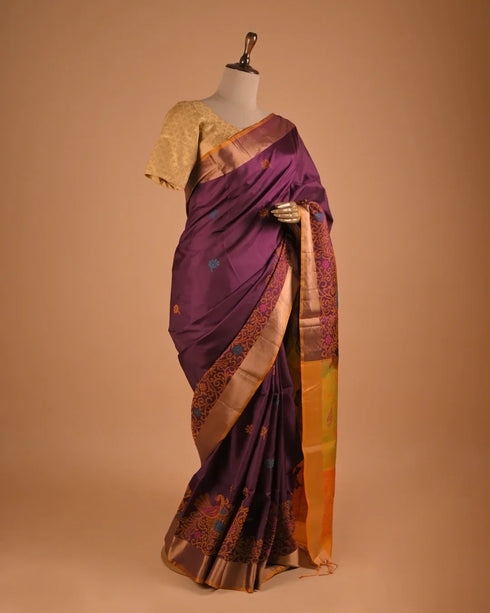 Wine Purple Designer Saree with Multicolor Woven Pallu