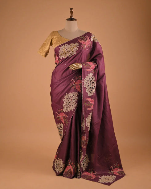 Wine Purple Printed Designer Saree with Bird Motifs
