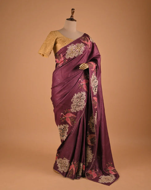 Wine Purple Printed Designer Saree with Bird Motifs