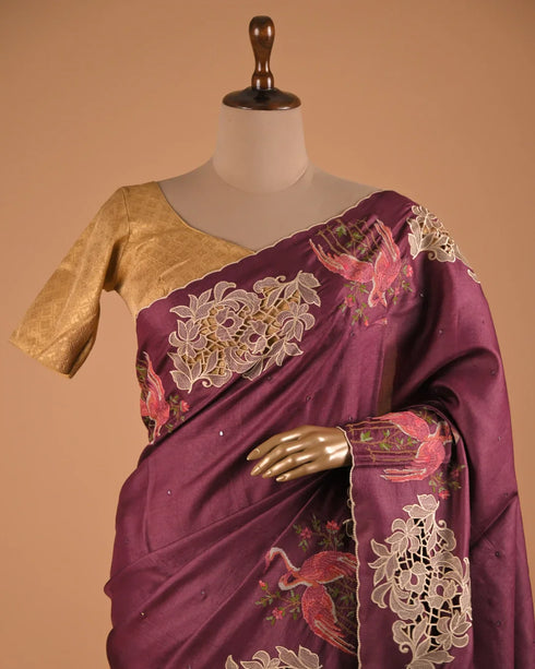 Wine Purple Printed Designer Saree with Bird Motifs