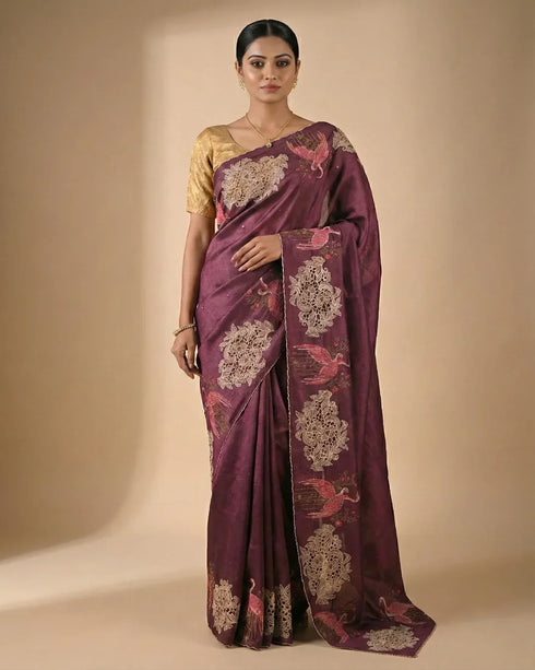 Wine Purple Printed Designer Saree with Bird Motifs