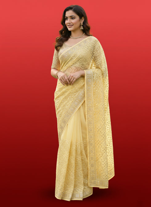 Lakhnavi Embroidered Yellow Saree
