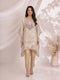 Woman wearing a beige striped kaftan top with mirror work neckline and matching pants, styled for an occasion.