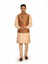 Man wearing a multi-color ethnic Nehru jacket over a cream kurta and pants, suitable for festive occasions.