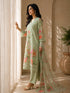 A woman models a green floral embroidered Kurti Set with matching pants and a dupatta, featuring delicate lace trim.