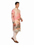 Men's multi-color Kurta Pajama with a floral print, band collar, and long sleeves, paired with cream pants.