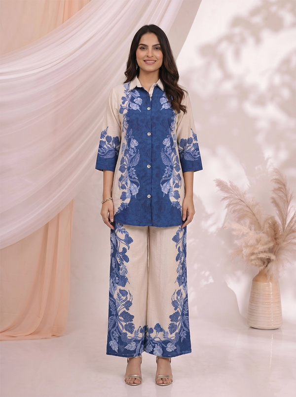 Woman wearing a blue floral print linen-blend shirt and wide-leg pants set, styled for a casual occasion.
