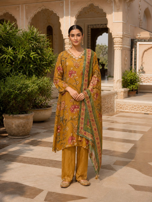 Woman wearing a mustard floral print kurta set with green dupatta and gold embellished flats.