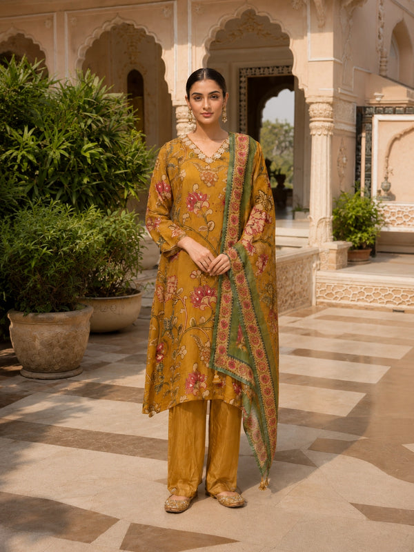 Woman wearing a mustard floral print kurta set with green dupatta and gold embellished flats.