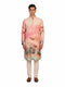 Men's multi-color Kurta Pajama with a floral print, band collar, and long sleeves, paired with cream pants.