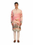 Men's multi-color Kurta Pajama with a floral print, band collar, and long sleeves, paired with cream pants.