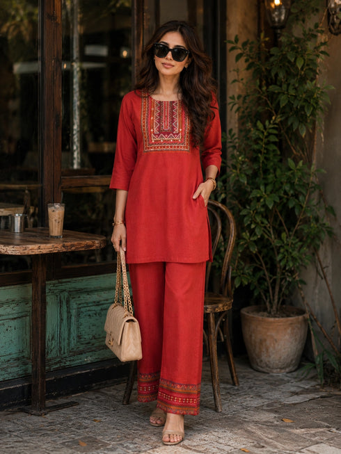 Woman wearing a rust-colored embroidered Co ord set, sitting at a cafe table.