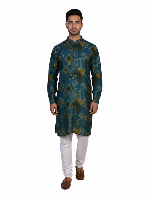 Man wearing a teal kurta with a multi-color geometric print and white pants, standing against a white background.