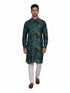 Man wearing a teal kurta with a multi-color geometric print and white pants, standing against a white background.