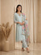 Woman wearing a sky blue kurta set with floral dupatta, featuring intricate neckline embroidery and a shimmering border.