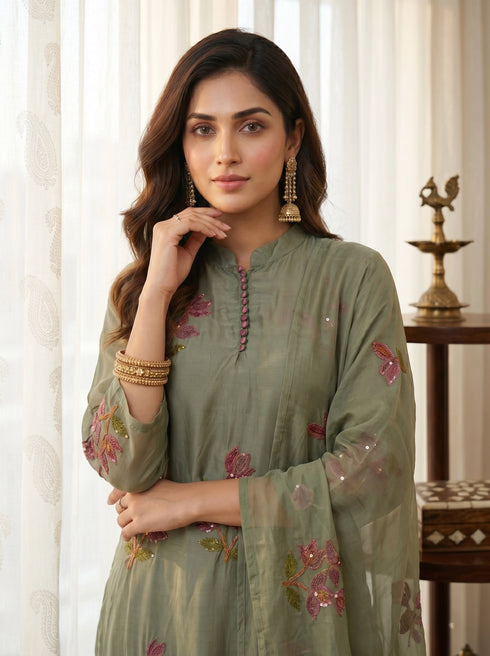 Woman wearing a green floral embroidered kurta set with a sheer dupatta and gold heels.
