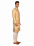 Man wearing a beige embroidered kurta jacket set with golden floral patterns, suitable for festive occasions.