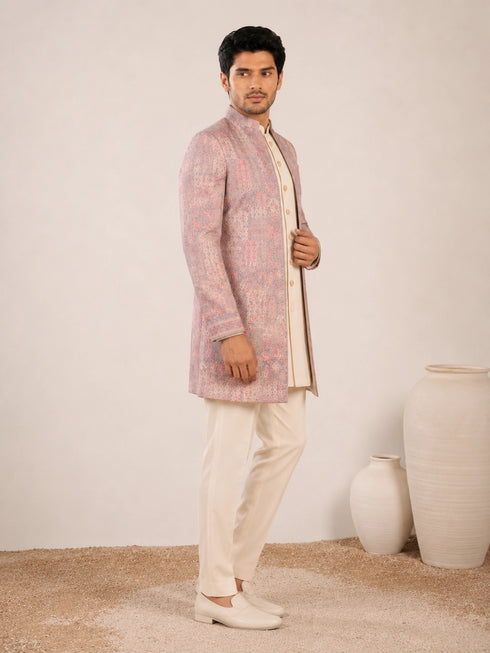 Model wearing an elegant purple Indowestern gown with delicate embroidery, front view.