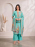 Woman wearing a teal kurti set with floral prints and matching palazzo pants, draped with a dupatta.